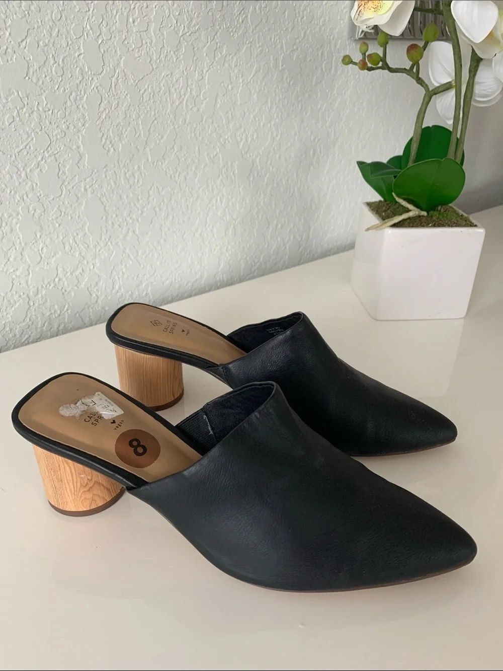 Call It Spring Black Pointed Mules Vegan with Wood-Textured Block Heel Size 8